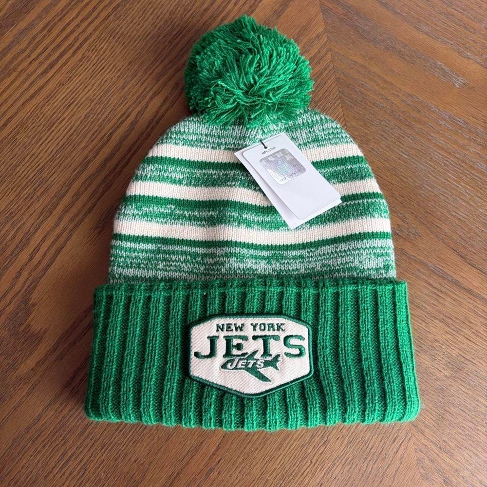 NFL New York Jets green and white striped knit beanie with pom pom